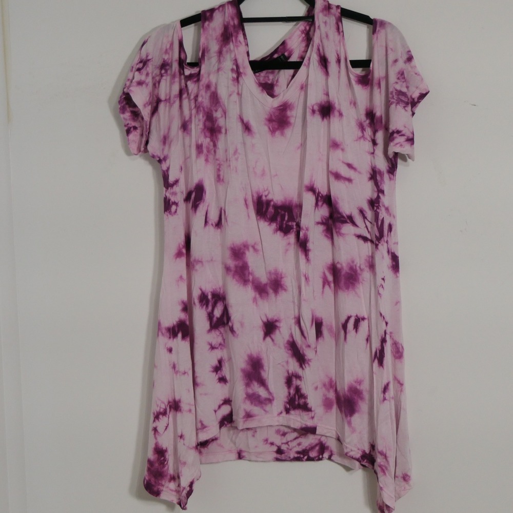 Urban CoCo Womens Tunic XXXL Purple Tie Dye Cold Shoulder Boho Handkerchief Hem